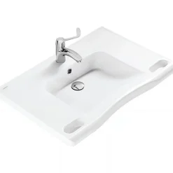 Lavabo|Sanindusa Lavabo mural PMR extra plat galbé normes handicapé porcelaine vitrifée NewWCCare 76x52 blanc avec trop plein