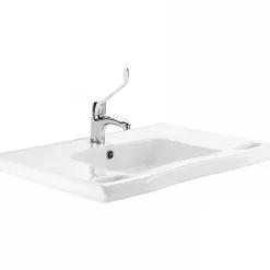 Lavabo|Sanindusa Lavabo mural PMR extra plat galbé normes handicapé porcelaine vitrifée NewWCCare 76x52 blanc avec trop plein