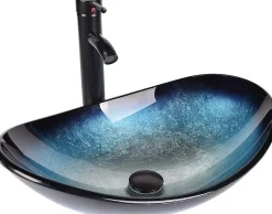 Nature Pro Lavabo Ovale en Verre avec Robinet, Vasque à Poser, Lave-Mains, Bleu Moderne, 53 x 35 x 16 cm