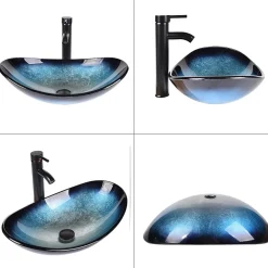 Nature Pro Lavabo Ovale en Verre avec Robinet, Vasque à Poser, Lave-Mains, Bleu Moderne, 53 x 35 x 16 cm