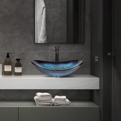 Nature Pro Lavabo Ovale en Verre avec Robinet, Vasque à Poser, Lave-Mains, Bleu Moderne, 53 x 35 x 16 cm