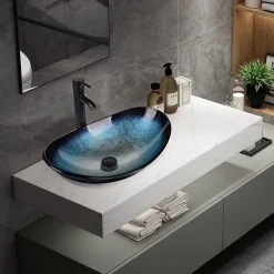 Nature Pro Lavabo Ovale en Verre avec Robinet, Vasque à Poser, Lave-Mains, Bleu Moderne, 53 x 35 x 16 cm