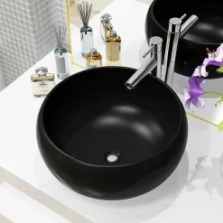Lavabo|Vidaxl Lavabo rond en céramique noir - - 40 x 15 cm - Design moderne et tendance