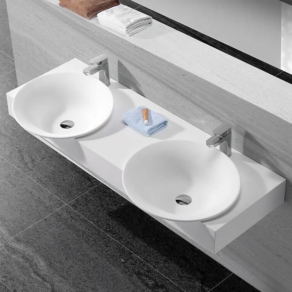 Rue Du Bain Lavabo Suspendu Double Vasque Solid surface Blanc Mat 140x45cm -Effect