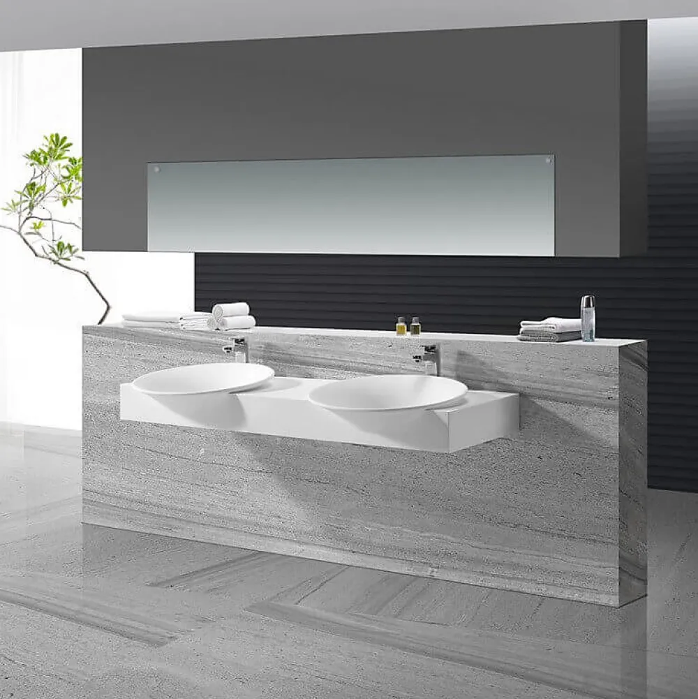 Rue Du Bain Lavabo Suspendu Double Vasque Solid surface Blanc Mat 140x45cm -Effect