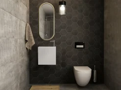 Vente-unique Lave main suspendu blanc en solid surface avec niche - Robinetterie à droite - 40 cm - PUMORI