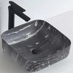 Vasque À Poser|Bernstein Lave-mains à poser céramique KW6134, 38,5 x 38,5 x 13,5 cm, Aspect marbre noir mat, Avec cache chrome