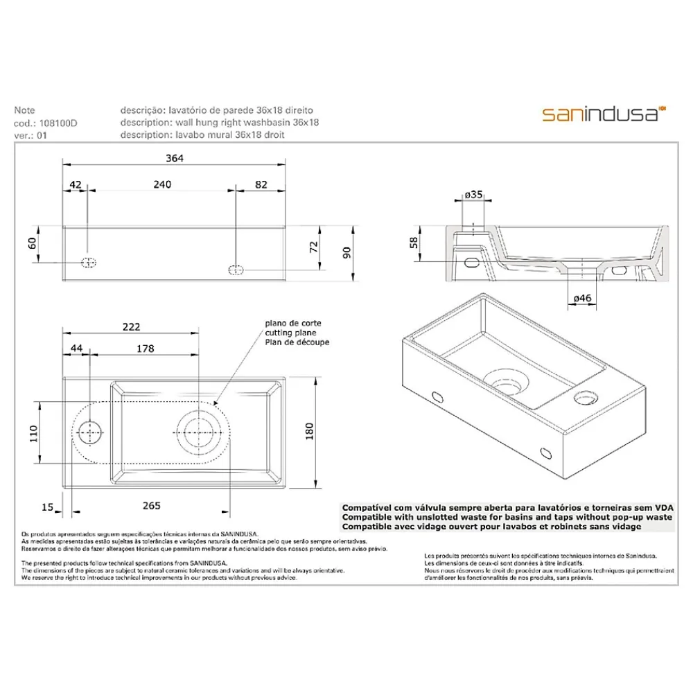 Lavabo|Sanindusa Lave-mains mural compact porcelaine Note blanc cuve à droite 36x18 avec trou robinet (mitigeur et vidage non inclus)