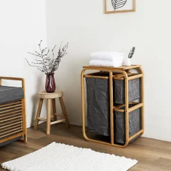 Etagère Salle De Bains|Altobuy LAZEN - Rangement à 3 Panières en Bambou et Tissu Gris