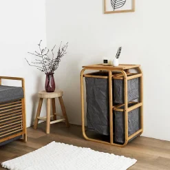 Etagère Salle De Bains|Altobuy LAZEN - Rangement à 3 Panières en Bambou et Tissu Gris