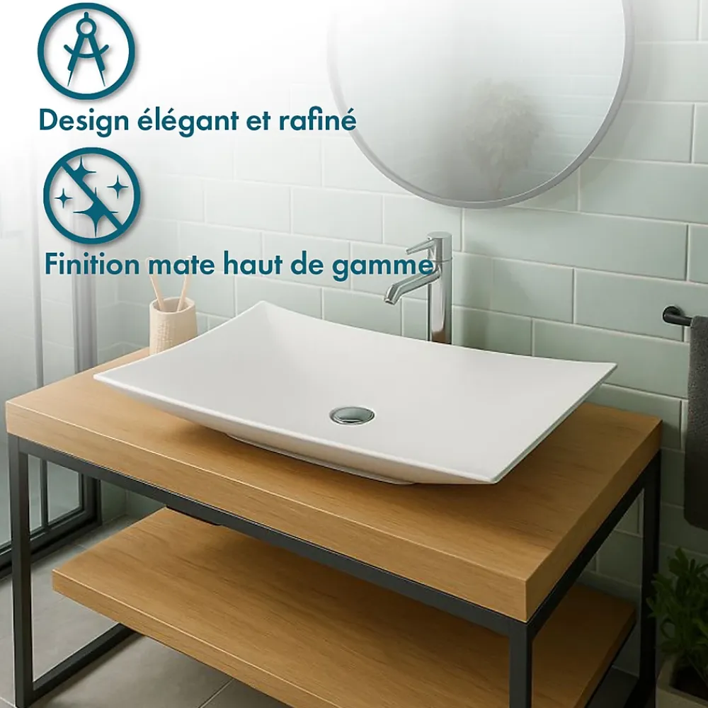 Vasque À Poser|Ambra LEAF - Vasque rectangulaire à poser - Design Elégant et Raffiné - Solide et Robuste - Entretien Facile - Blanc - 38 x 60 x 7 cm