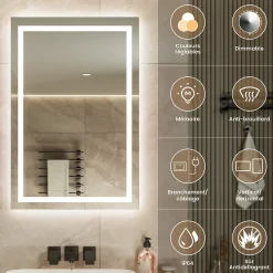 Sofetiy Max LED Miroir Lumineux Tricolore + Anti-buée 90x60cm Salle de Bain Dimmable,Tactile Miroir de salle de bains LED