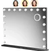 Mirlux LED Miroir Maquillage Hollywood 80x60cm, 2 haut-parleurs Bluetooth, recharge USB & USB-C, Grossissement 10x, Noir