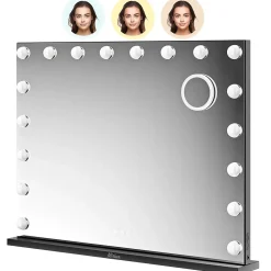 Mirlux LED Miroir Maquillage Hollywood 80x60cm, 2 haut-parleurs Bluetooth, recharge USB & USB-C, Grossissement 10x, Noir