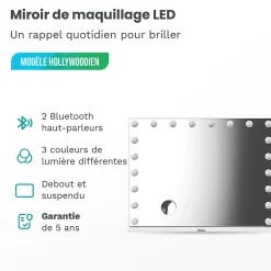 Mirlux LED Miroir Maquillage Hollywood 80x60cm, 2 haut-parleurs Bluetooth, recharge USB & USB-C, Grossissement 10x, Noir