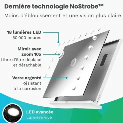 Mirlux LED Miroir Maquillage Hollywood 80x60cm, 2 haut-parleurs Bluetooth, recharge USB & USB-C, Grossissement 10x, Noir