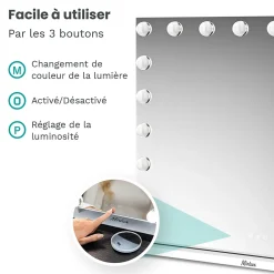 Mirlux LED Miroir Maquillage Hollywood 80x60cm, 2 haut-parleurs Bluetooth, recharge USB & USB-C, Grossissement 10x, Noir