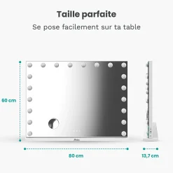 Mirlux LED Miroir Maquillage Hollywood 80x60cm, 2 haut-parleurs Bluetooth, recharge USB & USB-C, Grossissement 10x, Noir