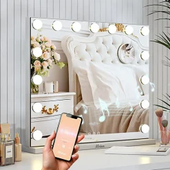 Mirlux LED Miroir Maquillage Hollywood 58x48cm, 2 haut-parleurs Bluetooth, recharge USB & USB-C, Grossissement 10x, blanc