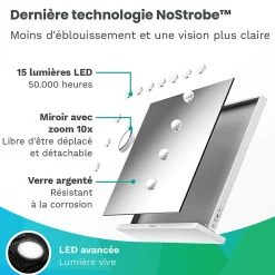 Mirlux LED Miroir Maquillage Hollywood 58x48cm, 2 haut-parleurs Bluetooth, recharge USB & USB-C, Grossissement 10x, blanc