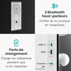 Mirlux LED Miroir Maquillage Hollywood 58x48cm, 2 haut-parleurs Bluetooth, recharge USB & USB-C, Grossissement 10x, blanc