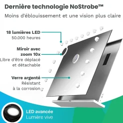 Mirlux LED Miroir maquillage Hollywood 80x60cm, recharge USB & USB-C, Blanc, Technologie Anti-scintillement
