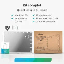 Mirlux LED Miroir maquillage Hollywood 80x60cm, recharge USB & USB-C, Blanc, Technologie Anti-scintillement