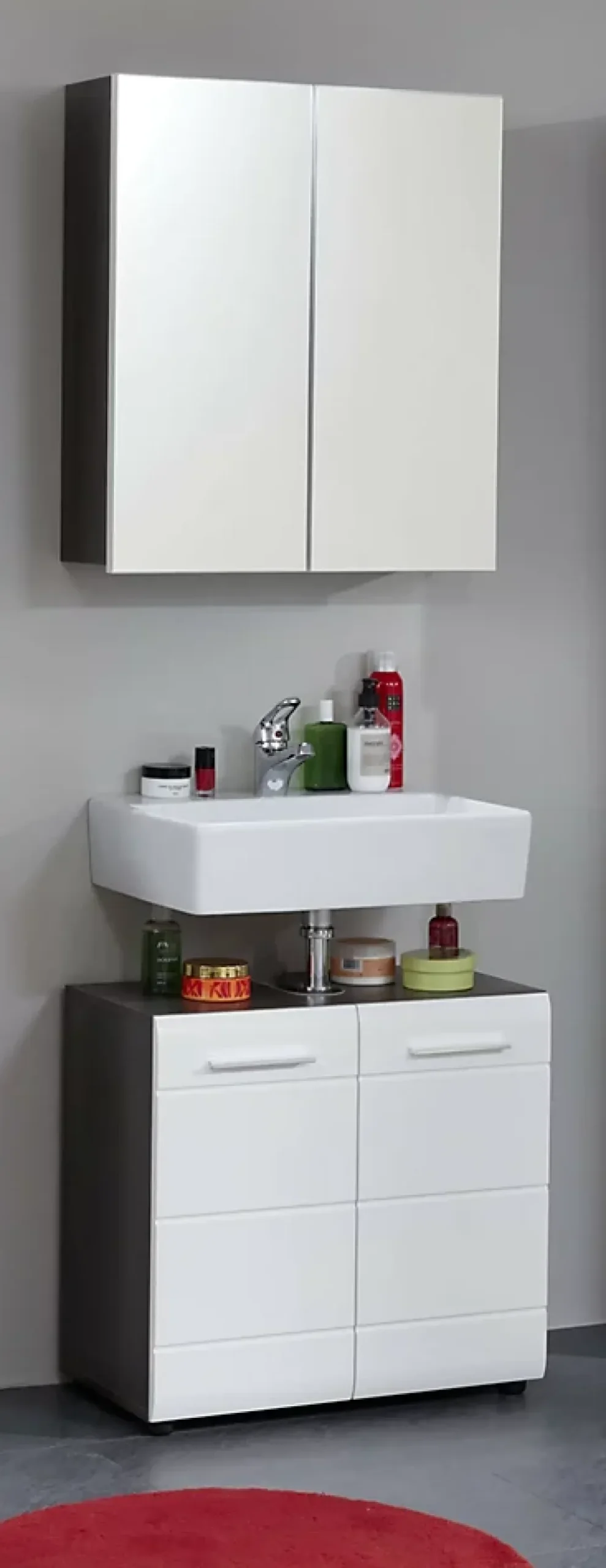 Meuble Sous Lavabo|Trend Team LINE-SKINS - Ensemble salle de bain 2 pièces. Mélaminé gris et blanc brillant. L-H-P : 60-182-31