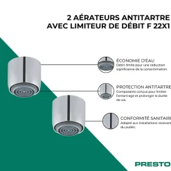 Presto Lot de 2 aérateurs antitartre avec limiteur de débit 3 l/min F 22x1 chromé