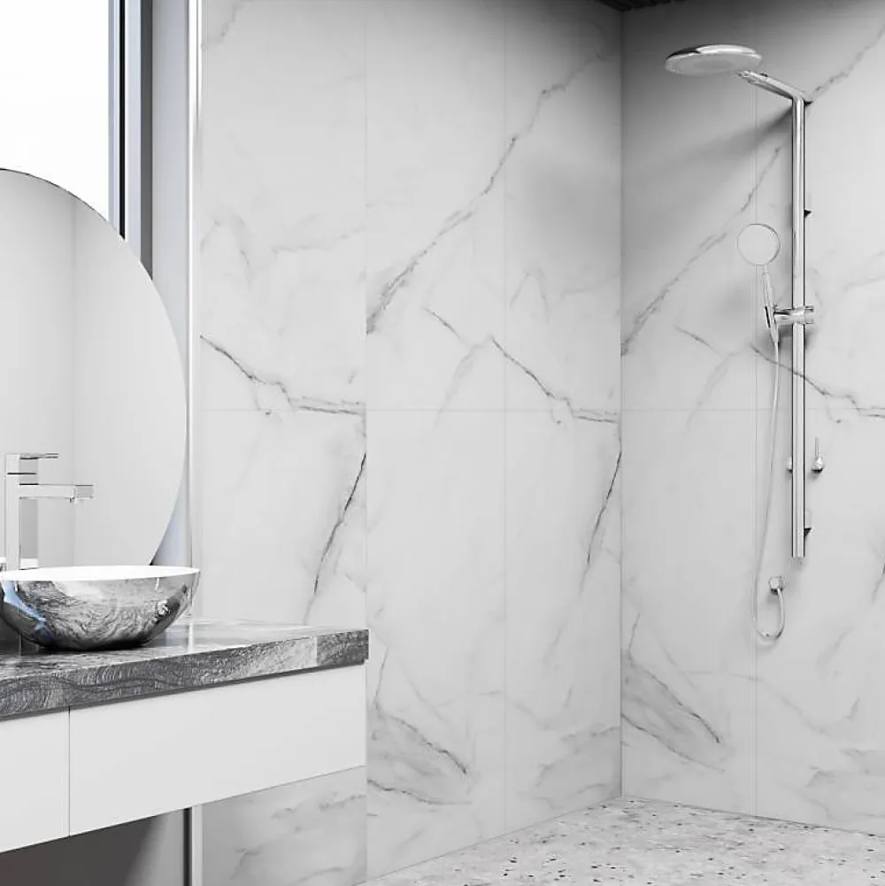 Decoon Lot de 4 Dalles Murales Douche SPC/PVC Décor Marbre Blanc brillant - 59,2x118,4cm - 2,8M²