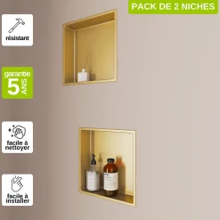Italbox Lot de 2 Niches de Douche Or Satiné - 30x30 cm - Rangement Mural Salle de Bain - NOOK