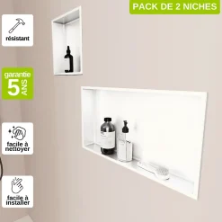 Italbox Lot de 2 Niches de Douche Blanc Satiné - 30x30 cm et 30x60 cm - Rangement Mural Salle de Bain - NOOK