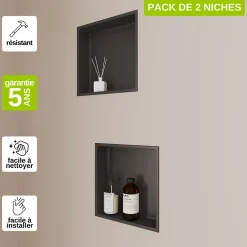 Niche De Salle De Bains|Italbox Lot de 2 Niches de Douche Noir Satiné - 30x30 cm - Rangement Mural Salle de Bain - NOOK