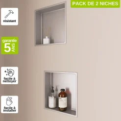 Niche De Salle De Bains|Italbox Lot de 2 Niches de Douche Gris Satiné - 30x30 cm - Rangement Mural Salle de Bain - NOOK