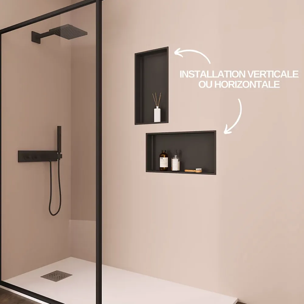 Italbox Lot de 2 Niches de Douche Noir Satiné - 30x30 cm et 30x60 cm - Rangement Mural Salle de Bain - NOOK