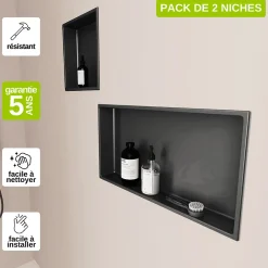 Italbox Lot de 2 Niches de Douche Noir Satiné - 30x30 cm et 30x60 cm - Rangement Mural Salle de Bain - NOOK