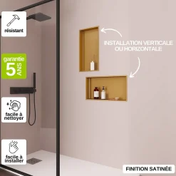 Italbox Lot de 2 Niches de Douche Or Satiné - 30x60 cm - Rangement Mural Salle de Bain - NOOK