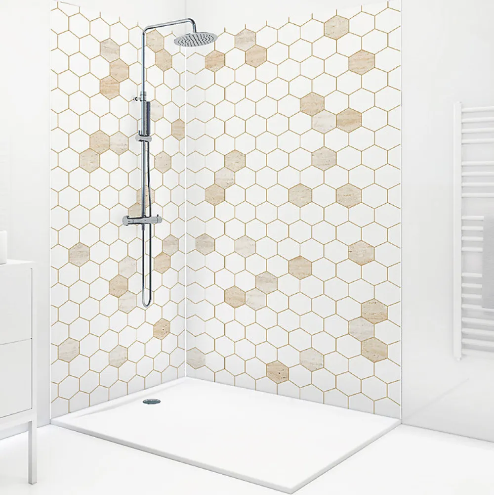 Panneau Mural De Salle De Bains|99Deco Lot de 2 panneaux de douche en PVC (90x220 & 120x220 cm) + profilés blanc - Hexa Travertin - Gris