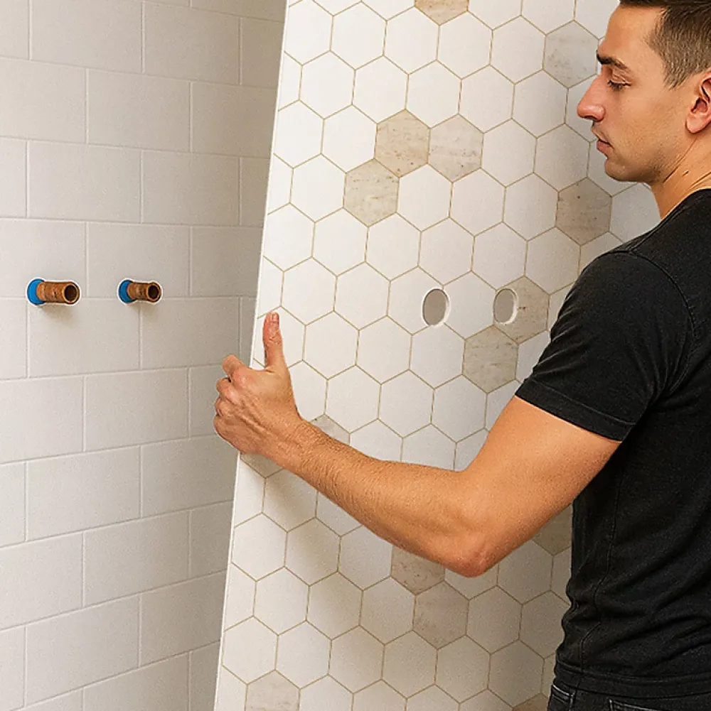 Panneau Mural De Salle De Bains|99Deco Lot de 2 panneaux de douche en PVC (90x220 & 120x220 cm) + profilés blanc - Hexa Travertin - Gris