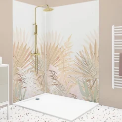 Panneau Mural De Salle De Bains|99Deco Lot de 2 panneaux de douche en PVC (90x220 & 120x220 cm) + profilés blanc - Motif végétal - Beige - Gaïa