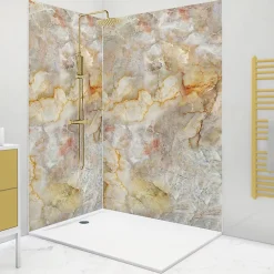 99Deco Lot de 2 panneaux de douche en PVC (90x220 & 120x220 cm) + profilés blanc - Gémolodie - Beige et gris
