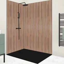 Panneau Mural De Salle De Bains|99Deco Lot de 2 panneaux de douche en PVC (90x220 & 120x220 cm) + profilés noir - effet bois - Japandi - Marron et noir