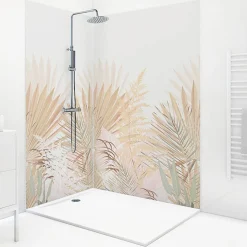 Panneau Mural De Salle De Bains|99Deco Lot de 2 panneaux de douche en aluminium (90x220 & 120x220 cm) + profilés blanc - Motif végétal - Beige - Gaïa