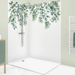 Panneau Mural De Salle De Bains|99Deco Lot de 2 panneaux de douche en aluminium (90x220 & 120x220 cm) + profilés blanc - Eucalyptus in Rain - Multicolore