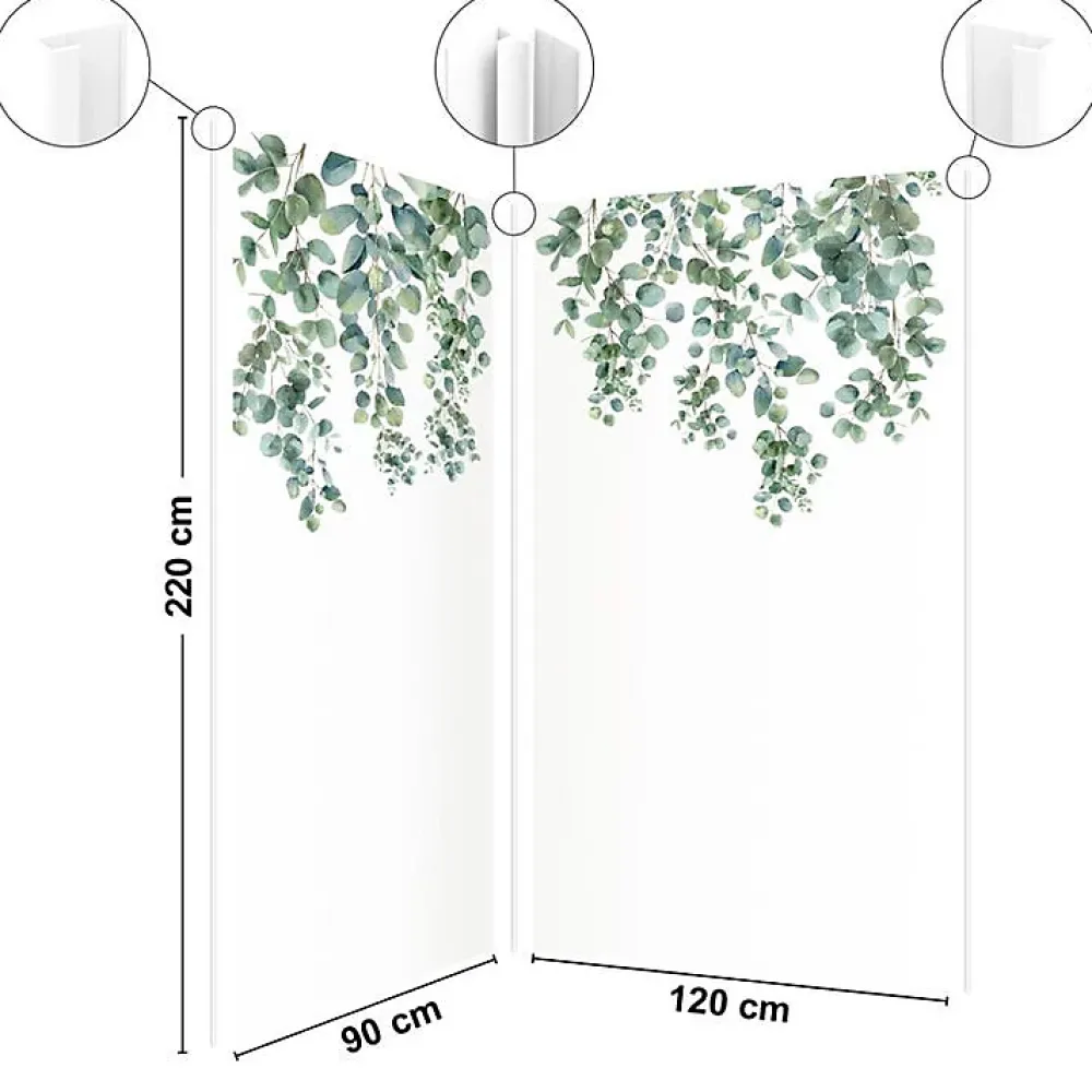 Panneau Mural De Salle De Bains|99Deco Lot de 2 panneaux de douche en aluminium (90x220 & 120x220 cm) + profilés blanc - Eucalyptus in Rain - Multicolore