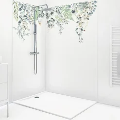Panneau Mural De Salle De Bains|99Deco Lot de 2 panneaux de douche en aluminium (90x220 & 120x220 cm) + profilés blanc - Flowers in Rain - Multicolore