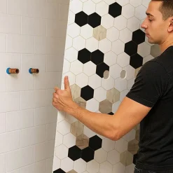 Panneau Mural De Salle De Bains|99Deco Lot de 2 panneaux de douche en aluminium (90x220 & 120x220 cm) + profilés blanc - Mix Hexa - Multicolore