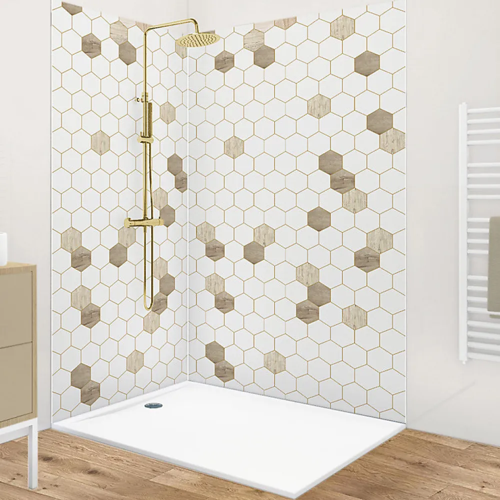 Panneau Mural De Salle De Bains|99Deco Lot de 2 panneaux de douche en PVC (90x220 & 120x220 cm) + profilés blanc - Charme - Hexa Bois - Marron