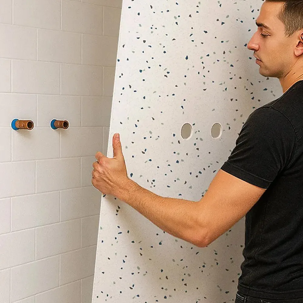 99Deco Lot de 2 panneaux de douche en aluminium (90x220 & 120x220 cm) + profilés blanc - Terrazzo Mineral - Multicolore
