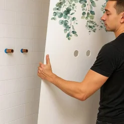 Panneau Mural De Salle De Bains|99Deco Lot de 2 panneaux de douche en PVC (90x220 & 120x220 cm) + profilés blanc - Eucalyptus in Rain - Multicolore